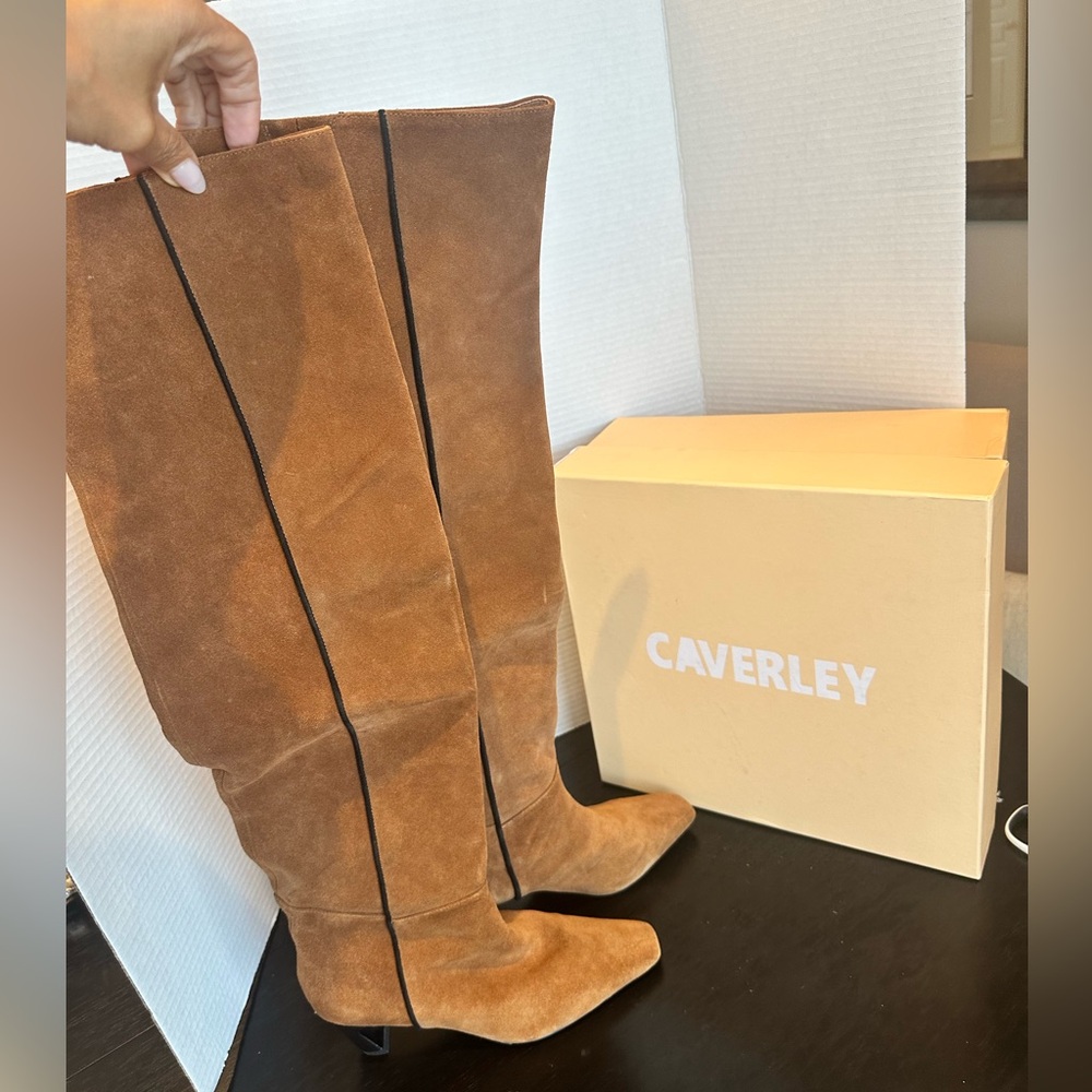 ANTHROPOLOGIE CAVERLEY  Morgan Boots Over-the-Knee Camel Suede Kitten Heel NEW - Picture 4 of 12